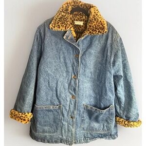 VINTAGE 70s Denim Jacket Lew Magram Cheetah Print Faux Fur Trim Collared Size L